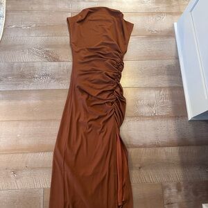 Elegant Brown Ruched DressRuched side slit Vici dress